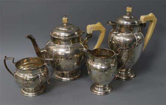 A stylish 1930s Art Deco silver four piece tea and coffee service, maker, RR, Birmingham 1932.